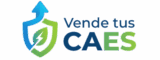 Logotipo Vende tus CAEs con escudo azul y verde, hoja con rayo y texto sobre certificados de ahorro energético.