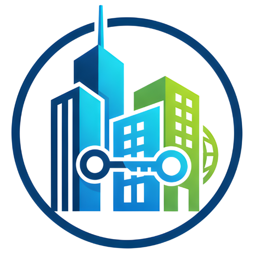 Icono circular en azul y verde con edificios altos y una llave frontal, símbolo de eficiencia energética en empresas.