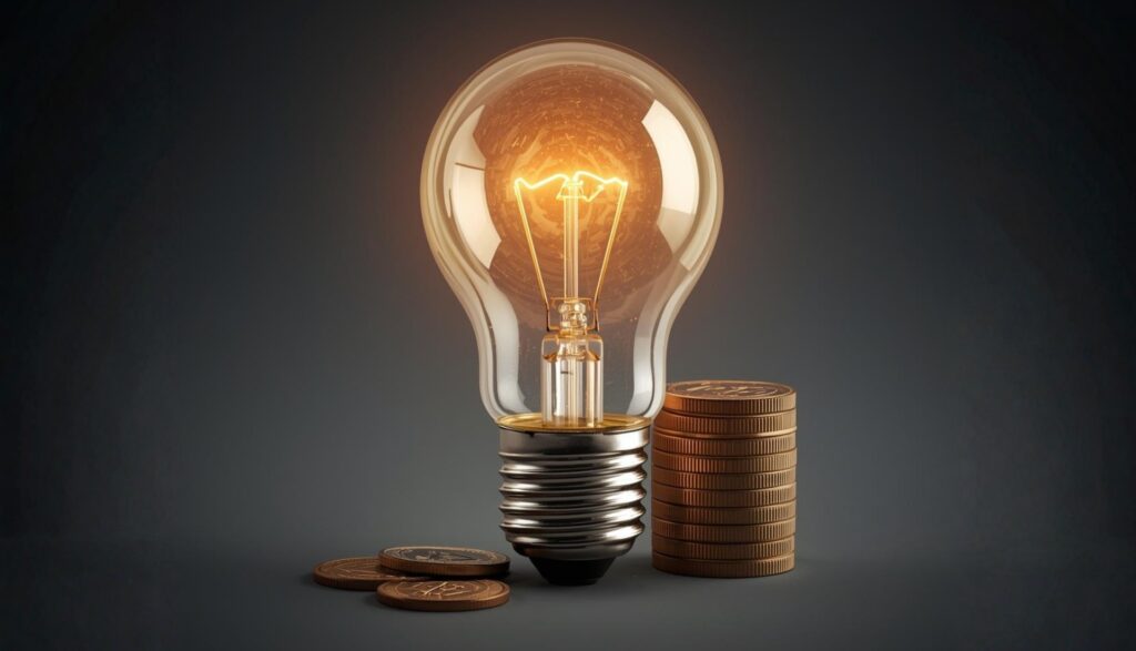 Qué es un CAE: Certificados de Ahorro Energético 2 Bombilla incandescente encendida junto a varias pilas de monedas doradas sobre una superficie oscura.