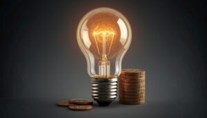 Bombilla incandescente encendida junto a varias pilas de monedas doradas sobre una superficie oscura.