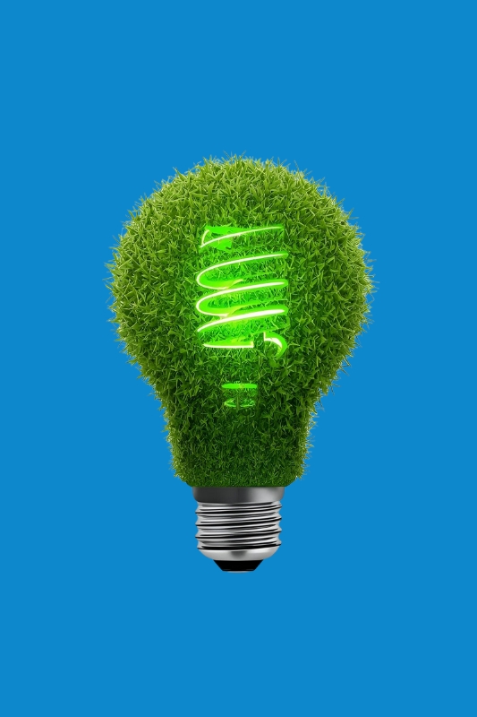 Bombilla verde cubierta de césped con filamento luminoso sobre fondo azul, símbolo de ahorro y eficiencia energética.