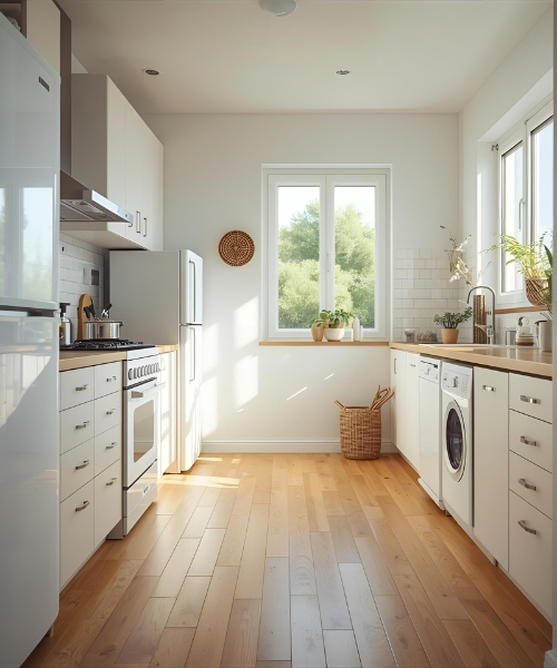 Cocina moderna luminosa con muebles blancos, suelo de madera y electrodomésticos junto a una ventana con plantas.