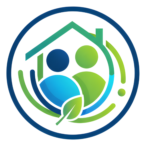 Icono circular en azul y verde con una casa, dos figuras humanas estilizadas y una hoja, símbolo de eficiencia energética en el hogar.